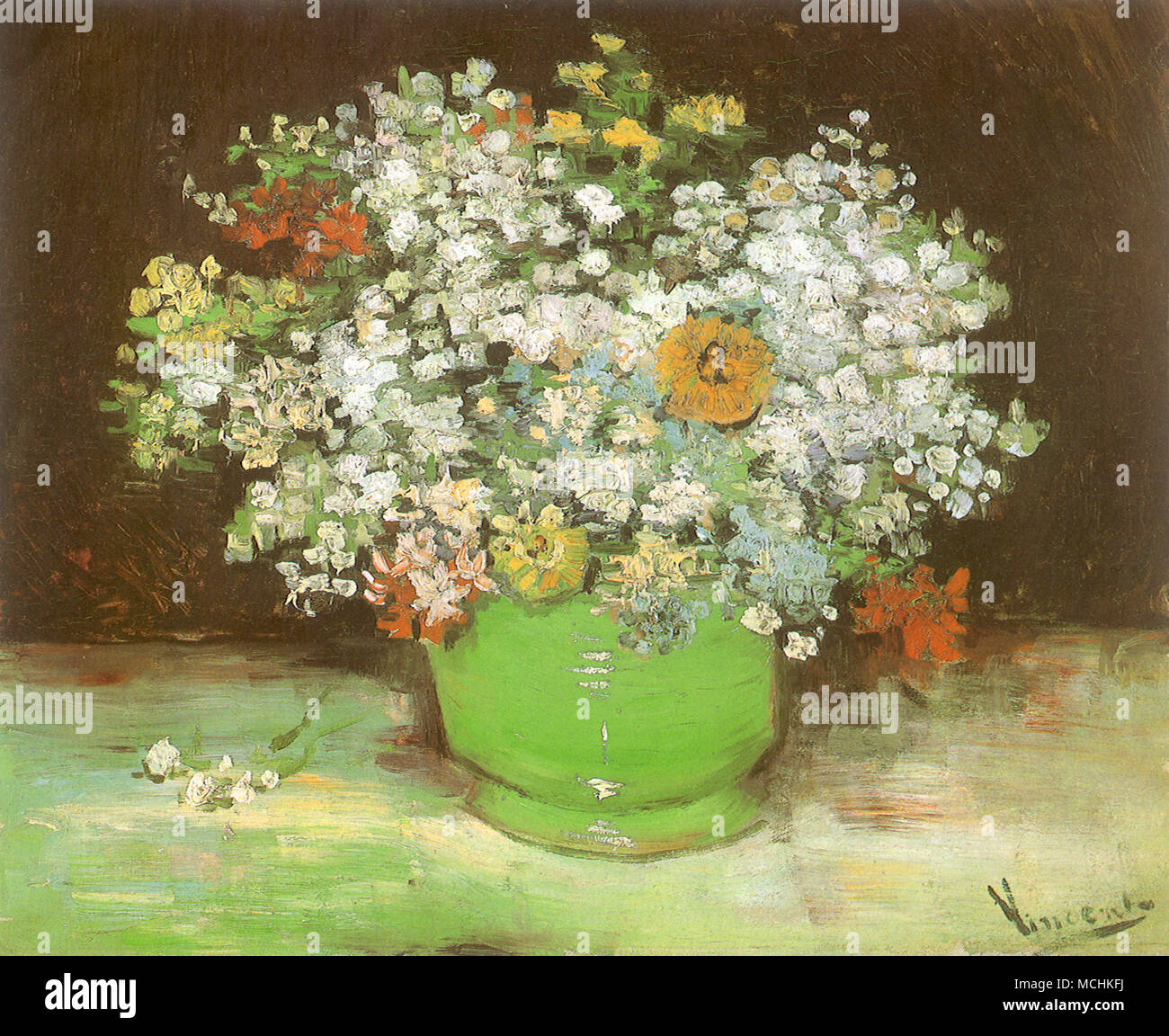 Vase with Zinnias and Other Flowers Stock Photo