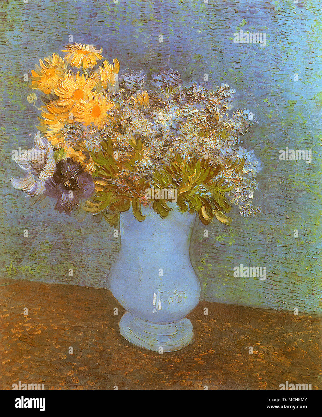 Vase with Lilacs, Daisies and Anemones Stock Photo
