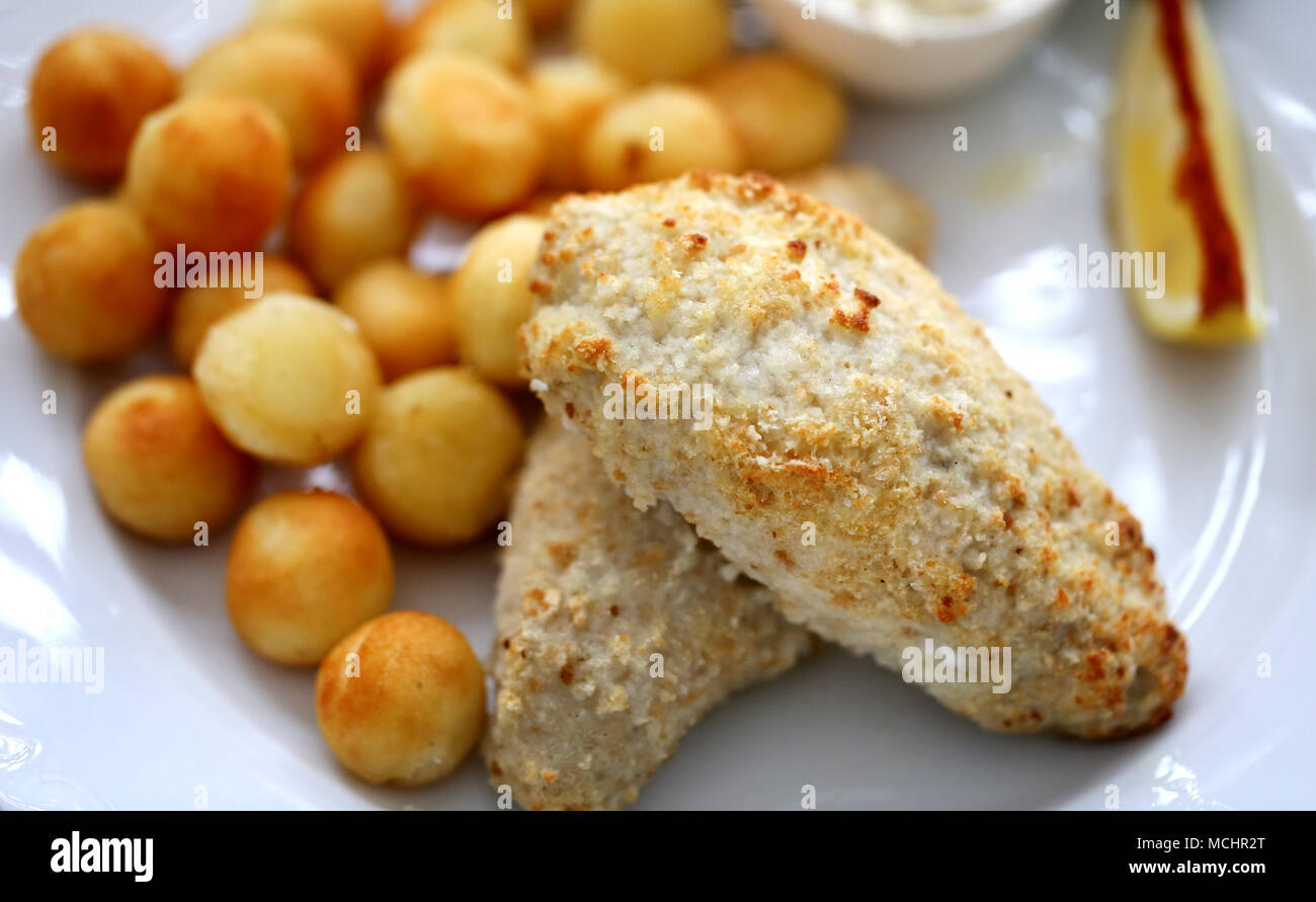 Photo of a macro fish dish with potatoes restaurant Stock Photo