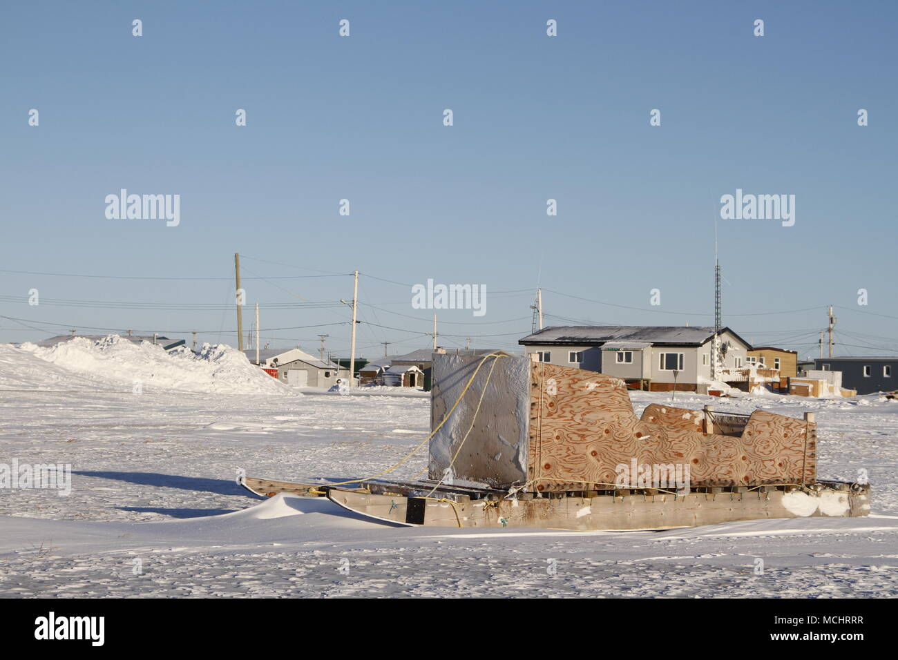 Side view of a traditional Inuit cargo sled or Komatik in the Arviat style in the Kivalliq region, Nunavut Canada Stock Photo