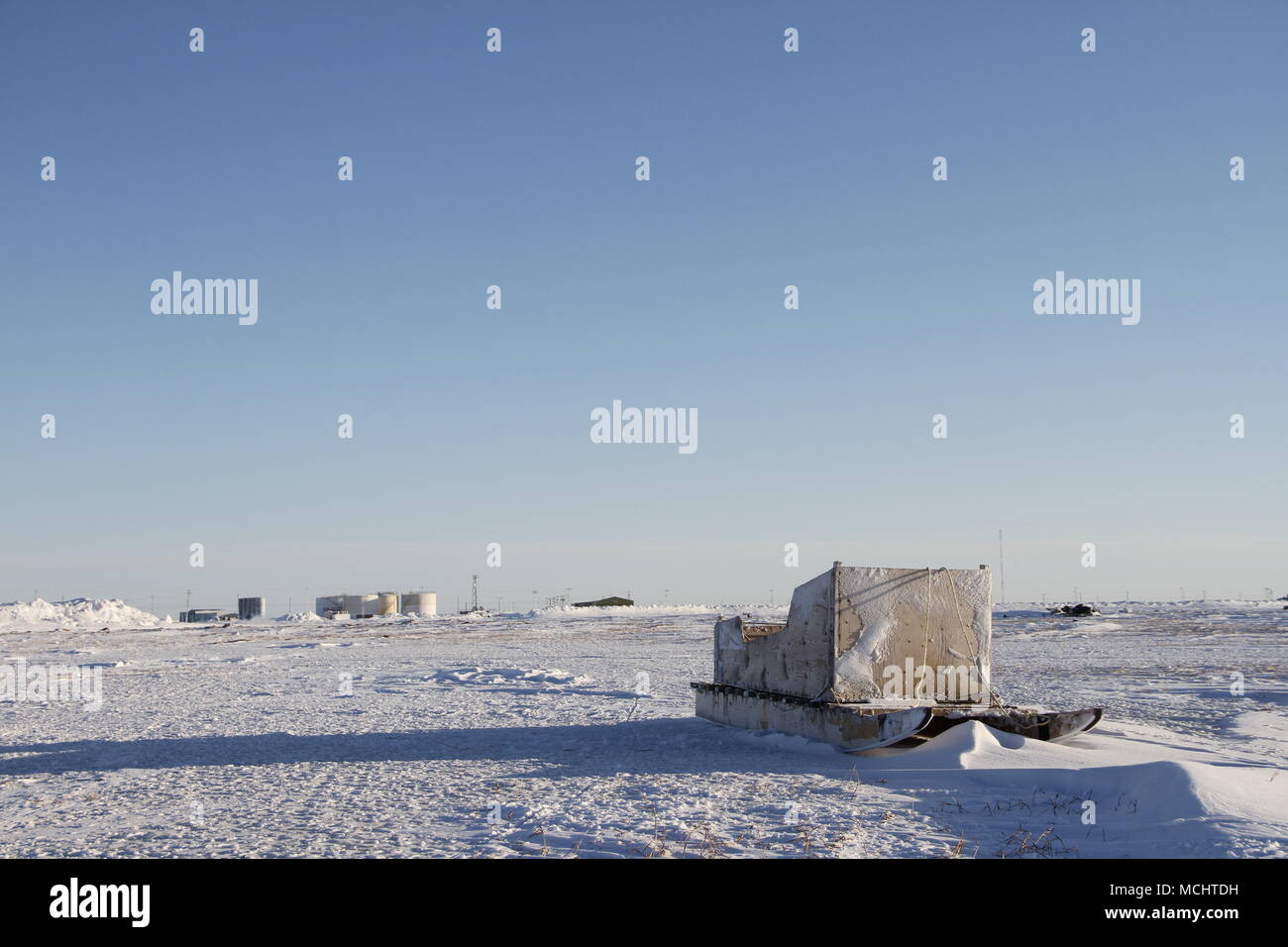 Front view of a traditional Inuit cargo sled or Komatik in the Arviat style in the Kivalliq region, Nunavut Canada Stock Photo