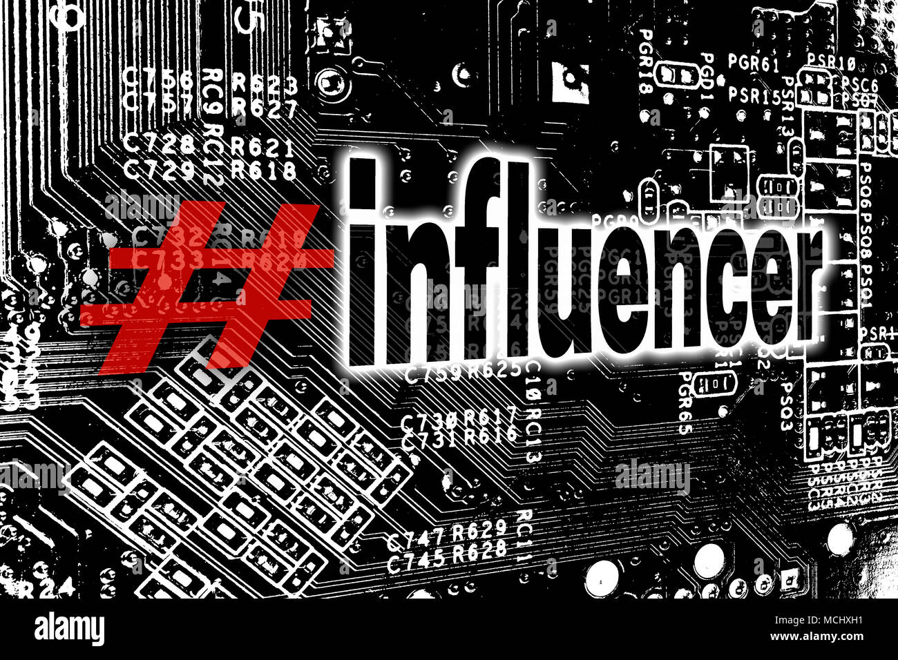 Influencer with circuit board concept background. Stock Photo