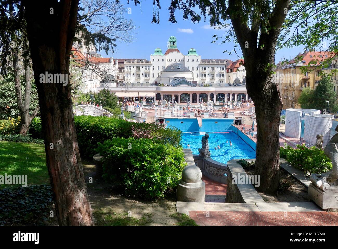 Spring Pool Hungary Gellert spa hotel outdoor pool on a hot bright sunny spring day in ...