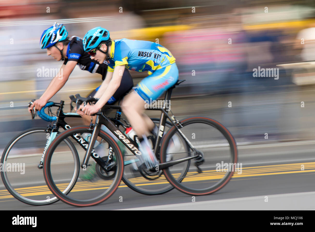 Belgrade, Serbia - April 14, 2018: Motion blur panning shot of young ...