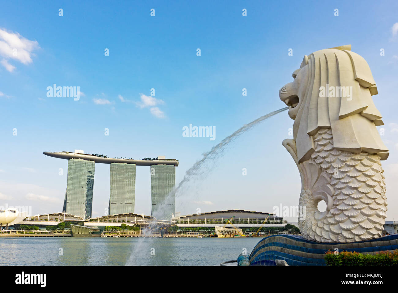 Singapore City, Singapore - February 10, 2018: View of Merlion Statue, famous landmark in Singapore. Stock Photo