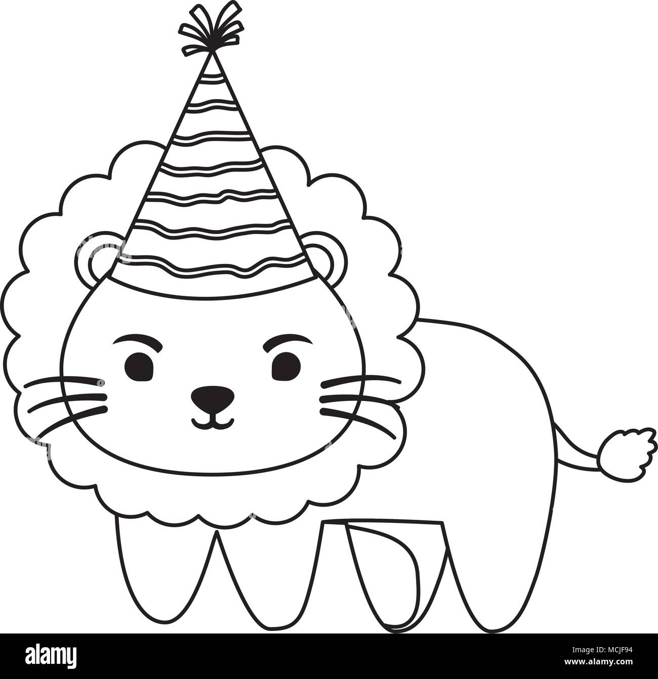cute lion with party hat over white background, vector illustration ...