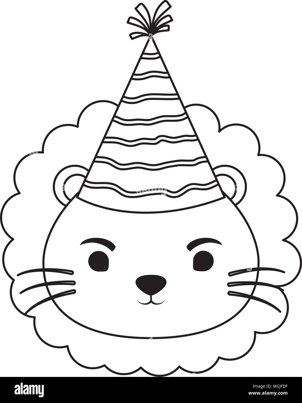 cute lion with party hat over white background, vector illustration ...