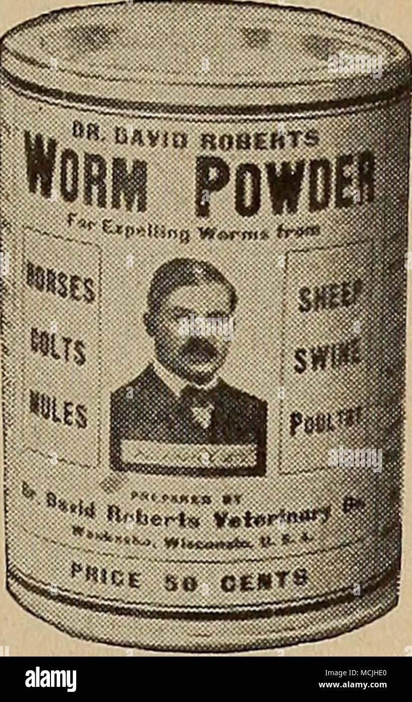 . Price 50 Cents An Effective Remedy for Expelling and Freeing Animals of Stomach and Intestinal Worms of all Kinds. Put up in air-tight cans with friction top, which preserves contents and makes it easy to remove. SYMPTOMS. Slight colicky pains are noticed at times, or there may be only switching of the tail, frequent passage of manure, itching of the anus, or rubbing of the tail or rump against the stall or fences. The horse is in poor condition; does not shed his coat; is hide-bound and pot-bellied; the appetite is depraved, licking the walls, biting the wood- work of the stalls, licking pa Stock Photo