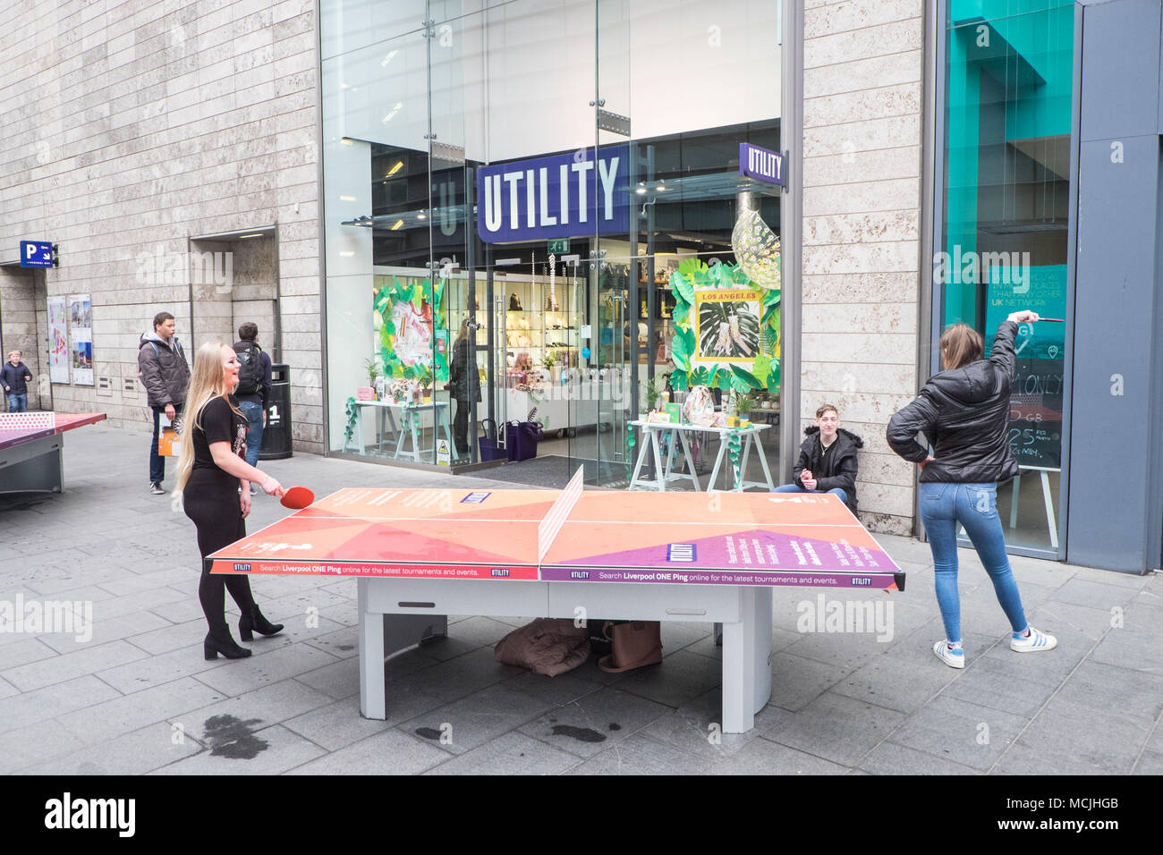 free,ping pong,table tennis,tables,for,general,public,use,usage,while,shopping,at,Liverpool One,shopping,centre,Liverpool,Merseyside,England,UK Stock Photo