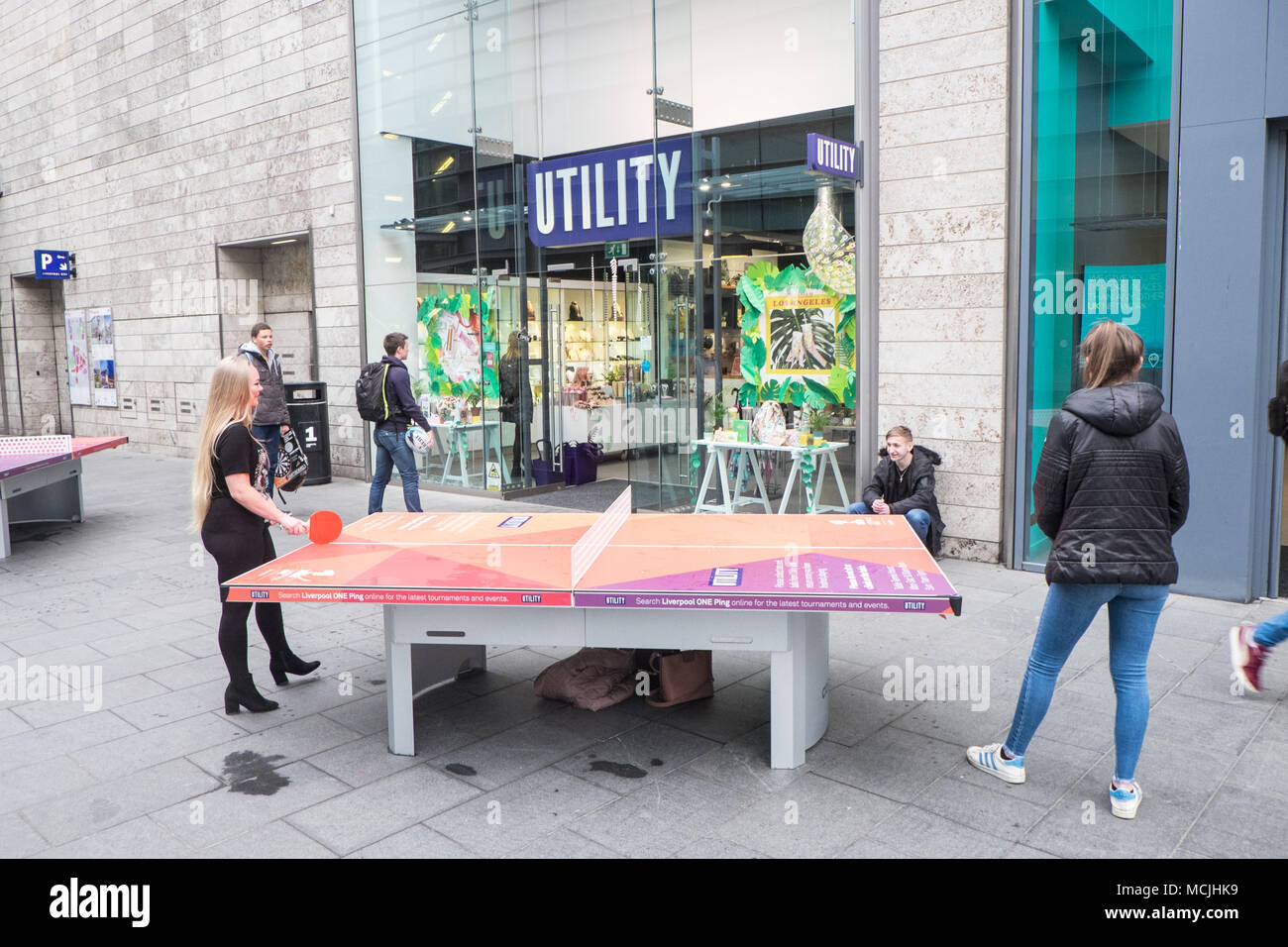 free,ping pong,table tennis,tables,for,general,public,use,usage,while, shopping,at,Liverpool One,shopping,centre,Liverpool,Merseyside,England,UK Stock Photo