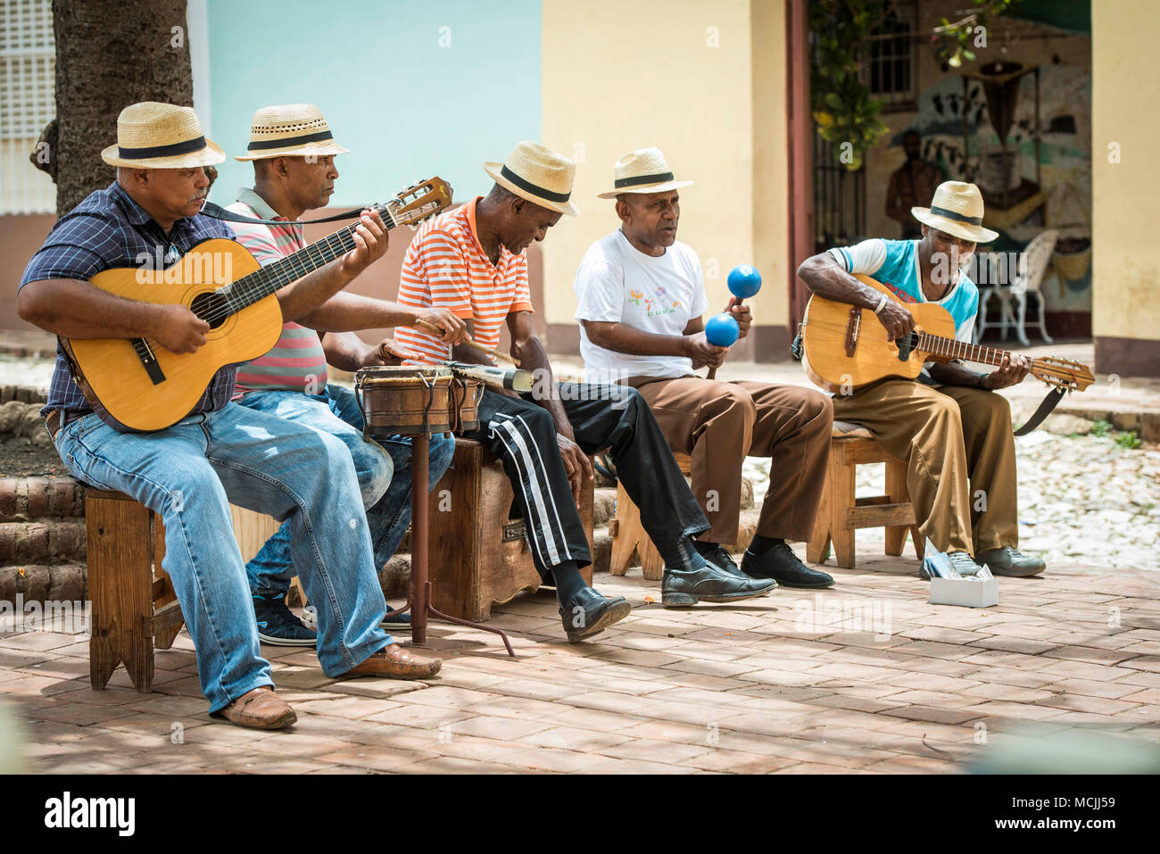 Cuban musicians play in the street in Trinidad, Cuba Stock Photo