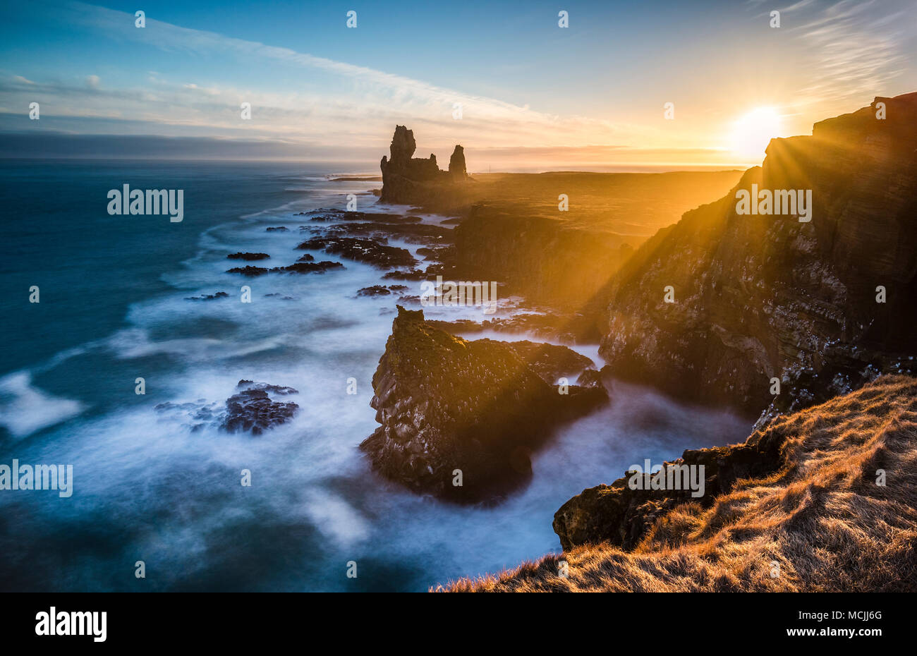 Cliffs of Londrangar, Sunset, Black Lava Coast, Snaefellsnes Peninsula, Vesturland, Iceland Stock Photo