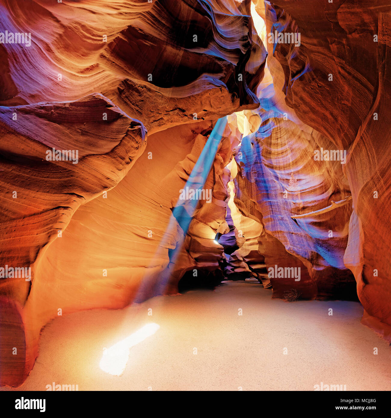 Incident light rays and yellow-red sandstone formations, Upper Antelope Canyon, near Page, Arizona, USA, North America Stock Photo