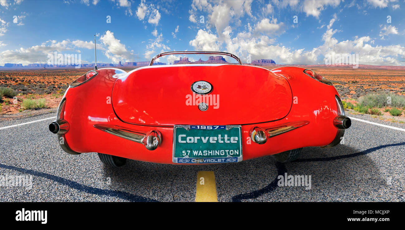 Red vintage Chevrolet Corvette Convertible 1957, rear view, Route 66, Monument Valley, Arizona, USA, North America Stock Photo