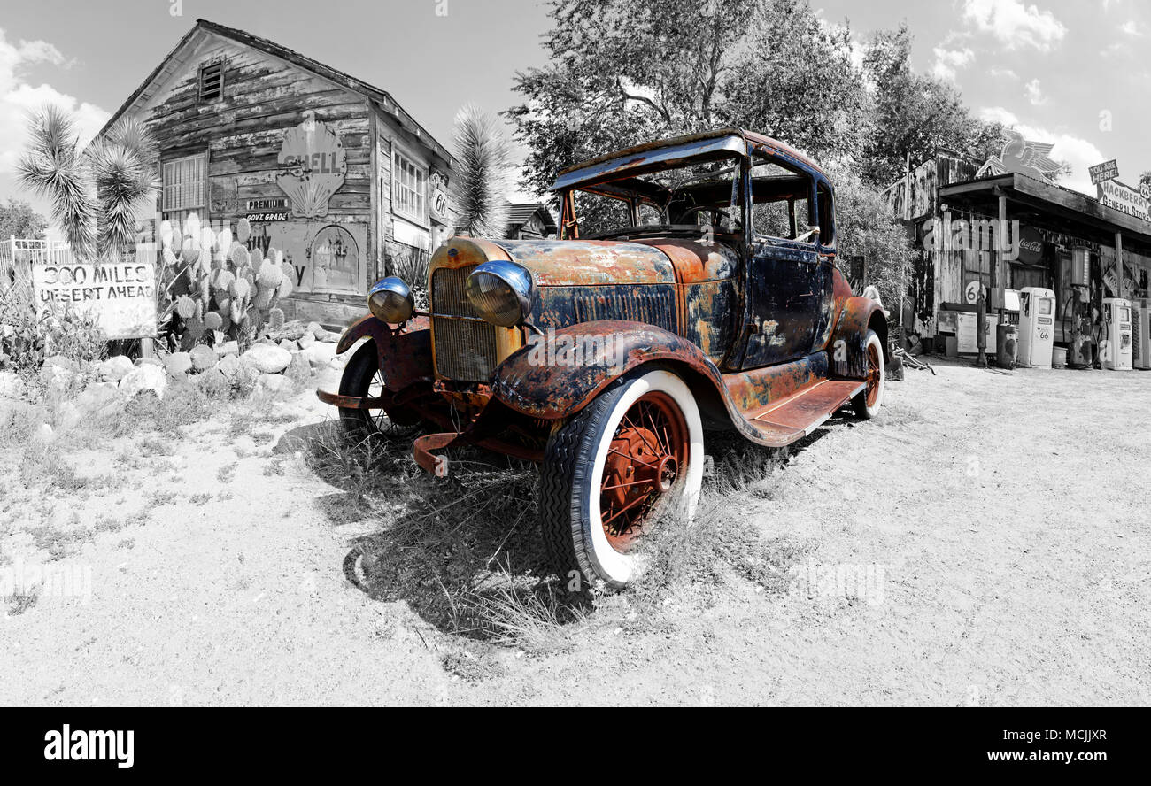 Colorkey, rusty vintage Ford Model A, Route 66, Hackberry General Store, Hackberry, Arizona, USA, North America Stock Photo