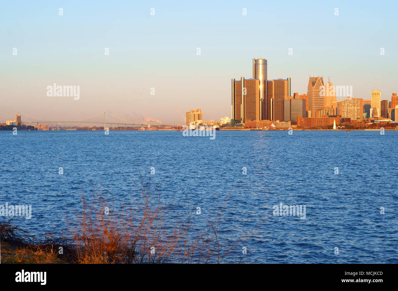 Downtown Detroit view from BelleIsle during sunrise with view on