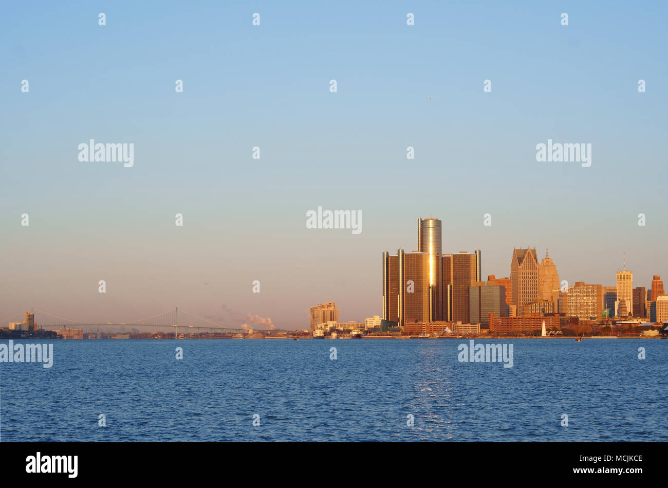 Downtown Detroit view from BelleIsle during sunrise with view on