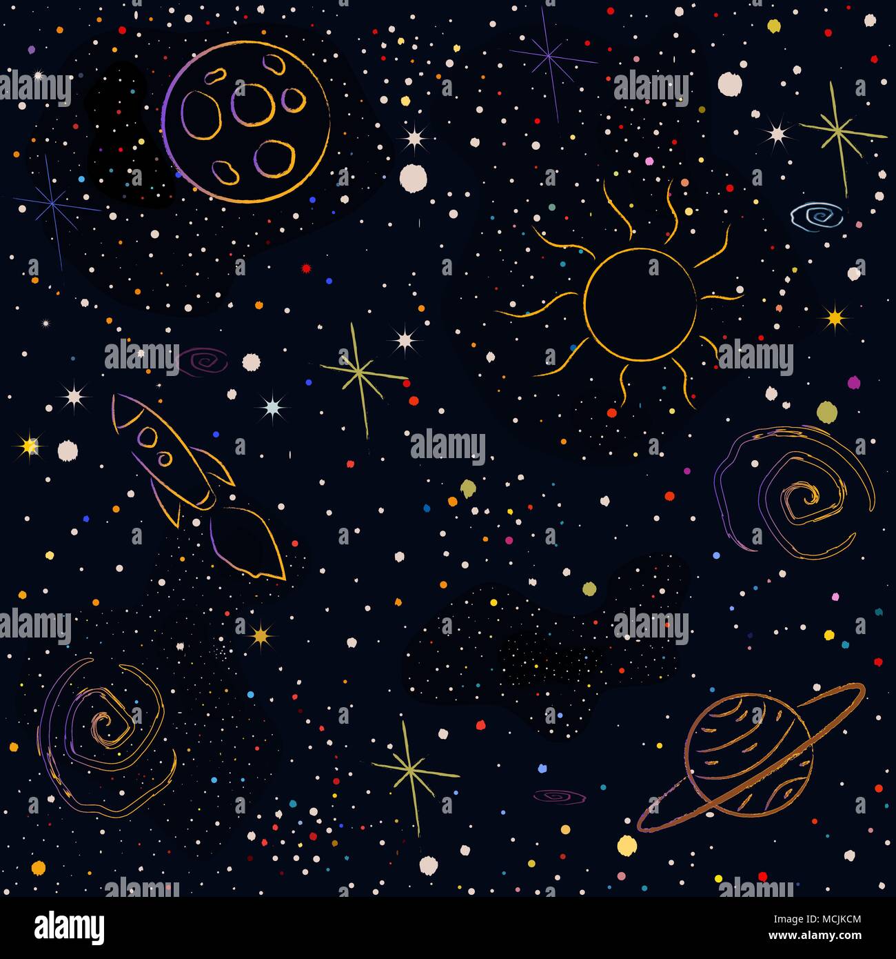 Cosmic Pattern with stars, planets, Moon, rocket, spiral galaxies and constellations in color. Vector Illustration Stock Vector