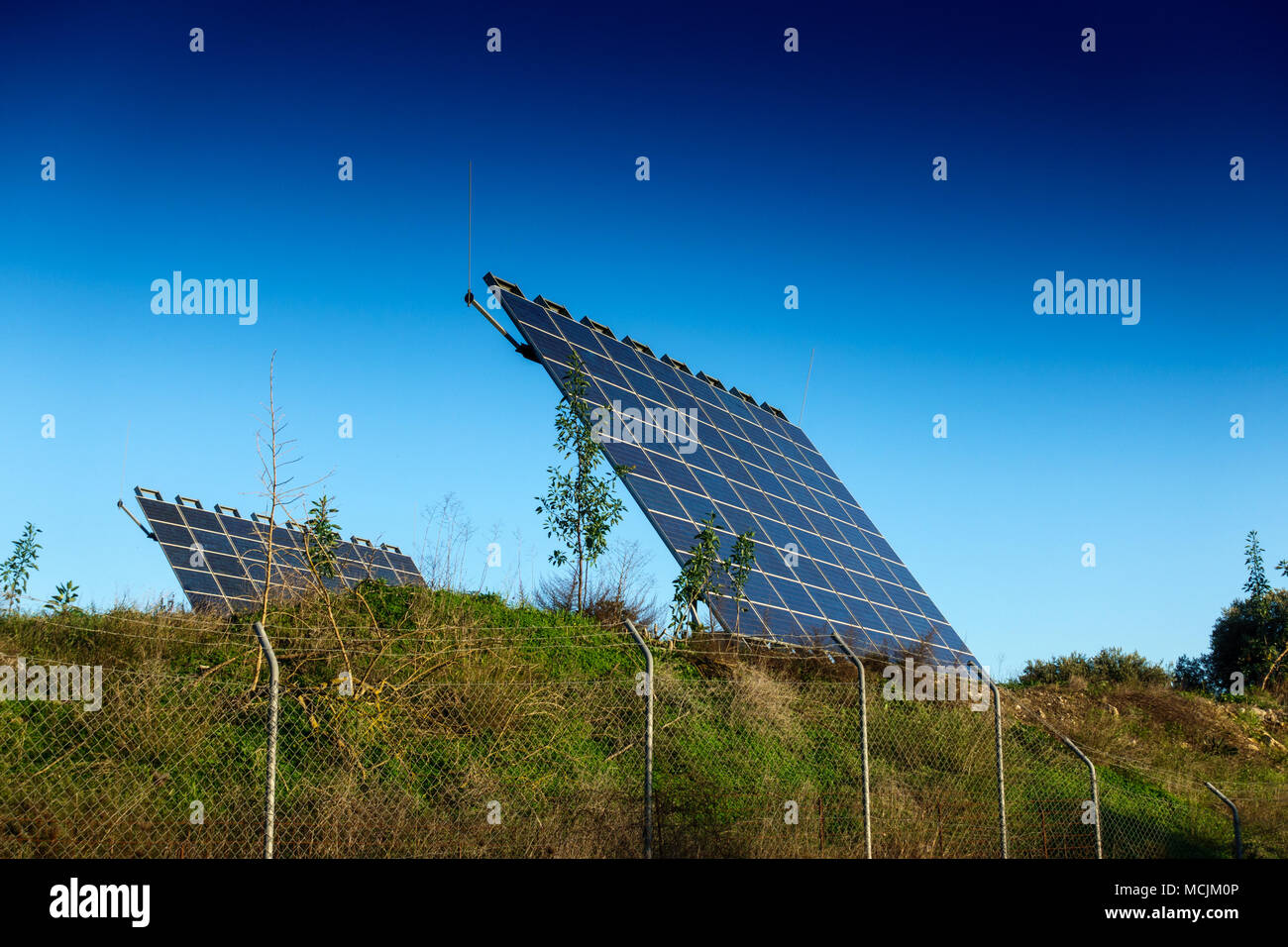 View of solar panels facing the sky, Greece Stock Photo