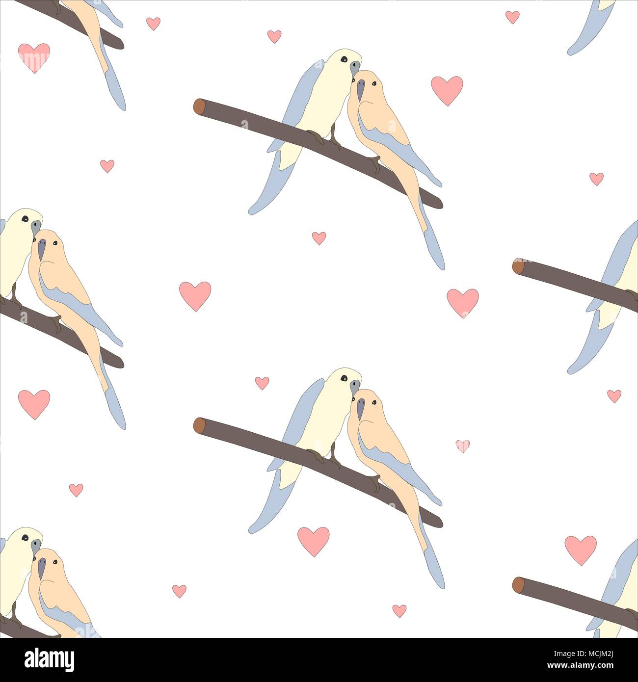 Seamless pattern with a cute couple of birds sitting on branch. Vector ...