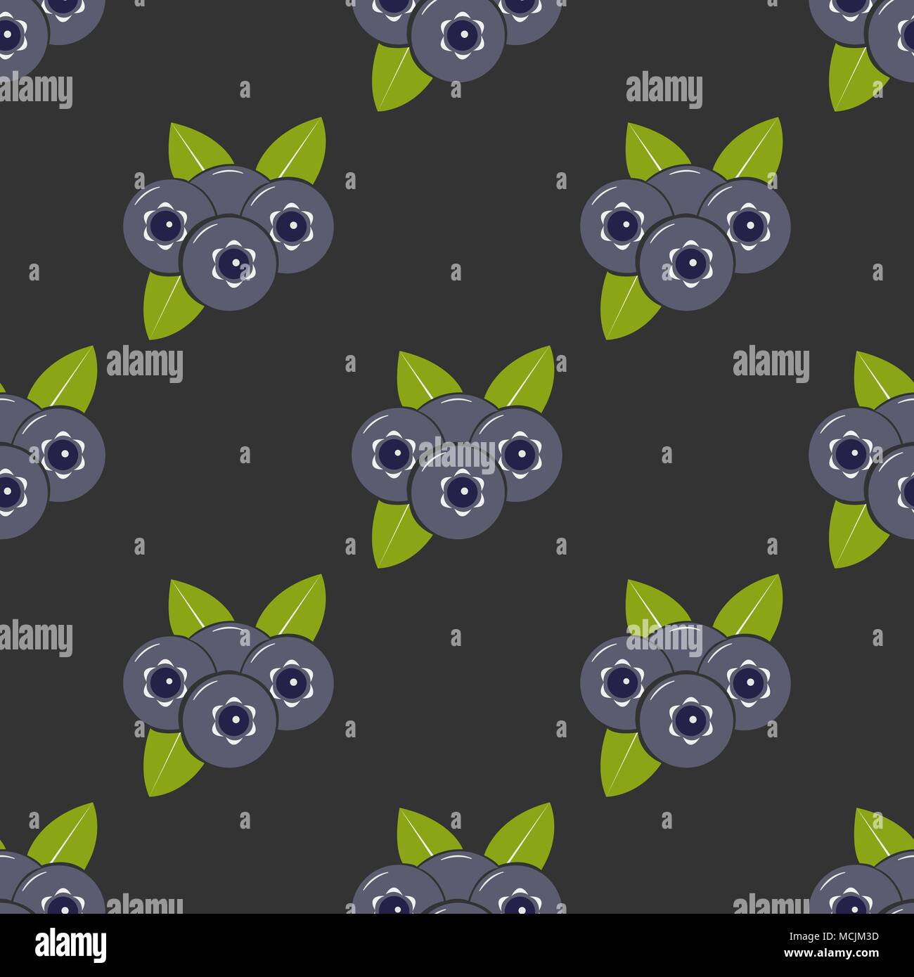 Seamless pattern with blueberries and leaves on dark background. Flat ...