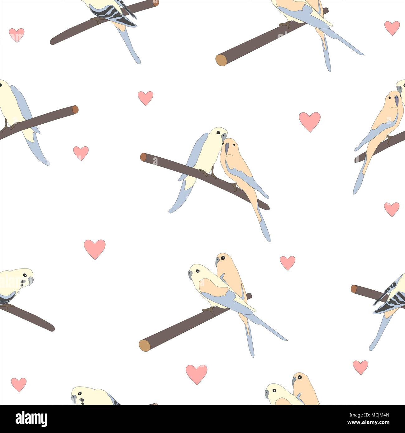 Seamless pattern with a cute couple of birds sitting on branch. Vector ...