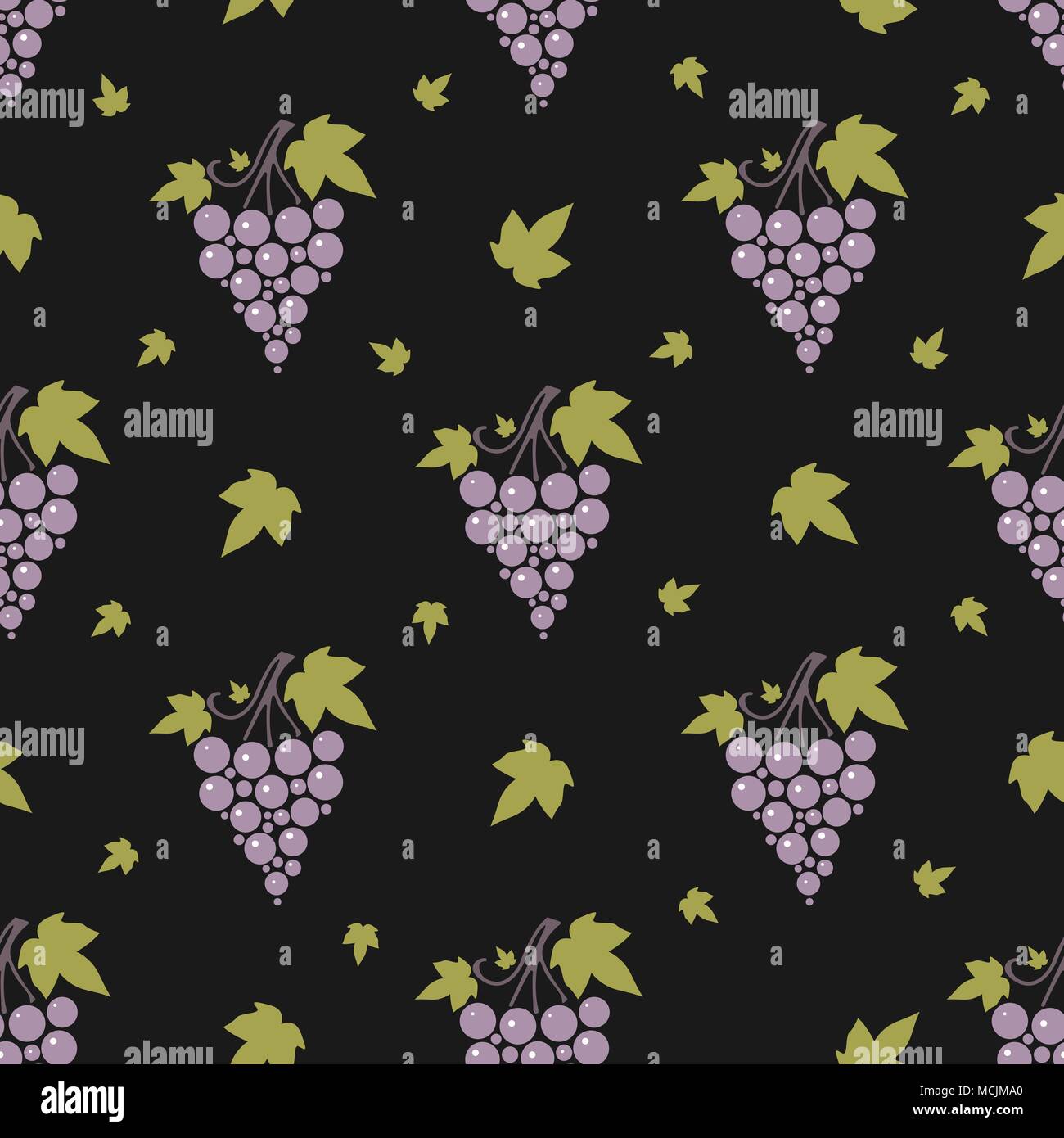 Seamless pattern with grapes and leaves on simple background. Repeating endless violet grape background. Vector Illustration Stock Vector