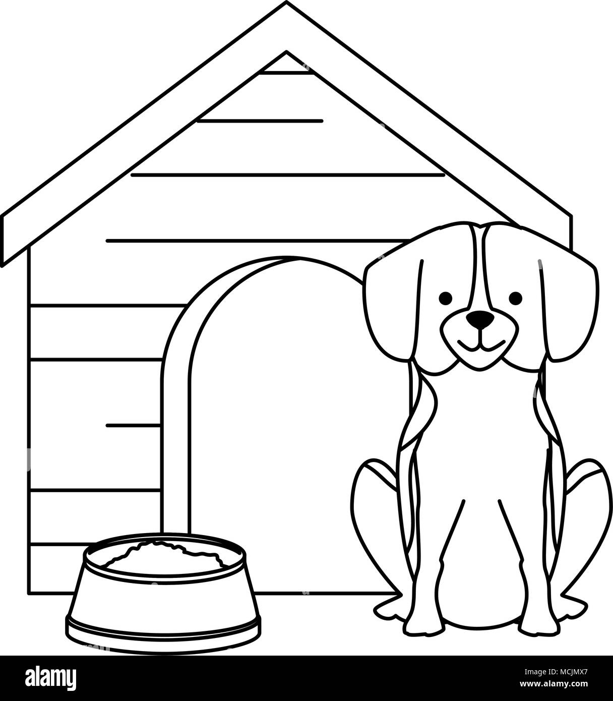 cute dog breed with wooden house and dish food vector illustration ...