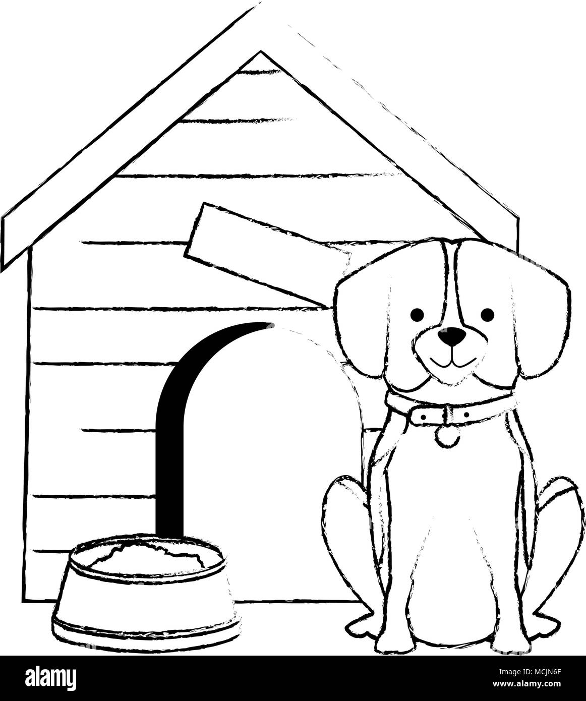 cute dog breed with wooden house and dish food vector illustration ...