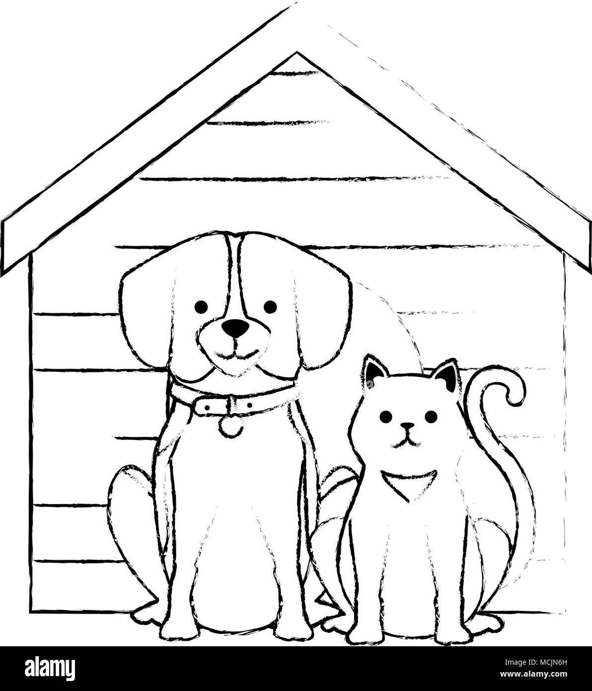 cute dog and cat with wooden house characters vector illustration ...