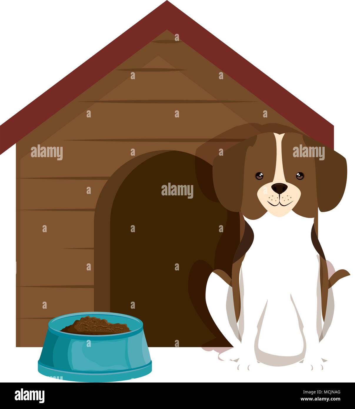 cute dog breed with wooden house and dish food vector illustration ...