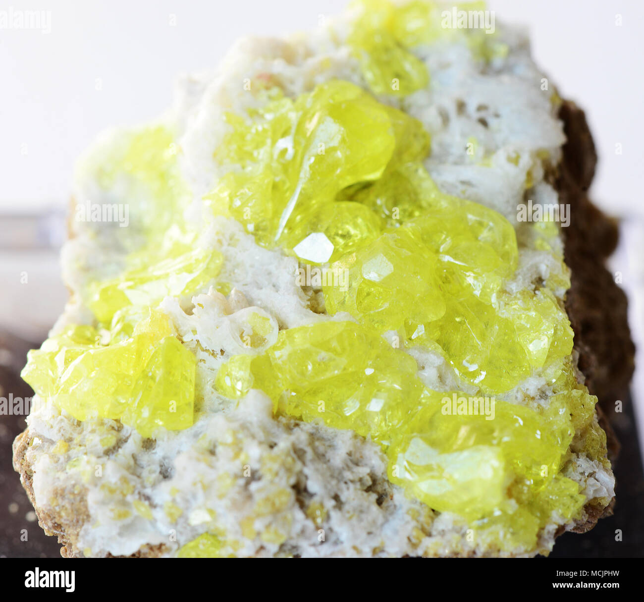 Native sulfur, yellow crystals on the matrix. Collection specimen from