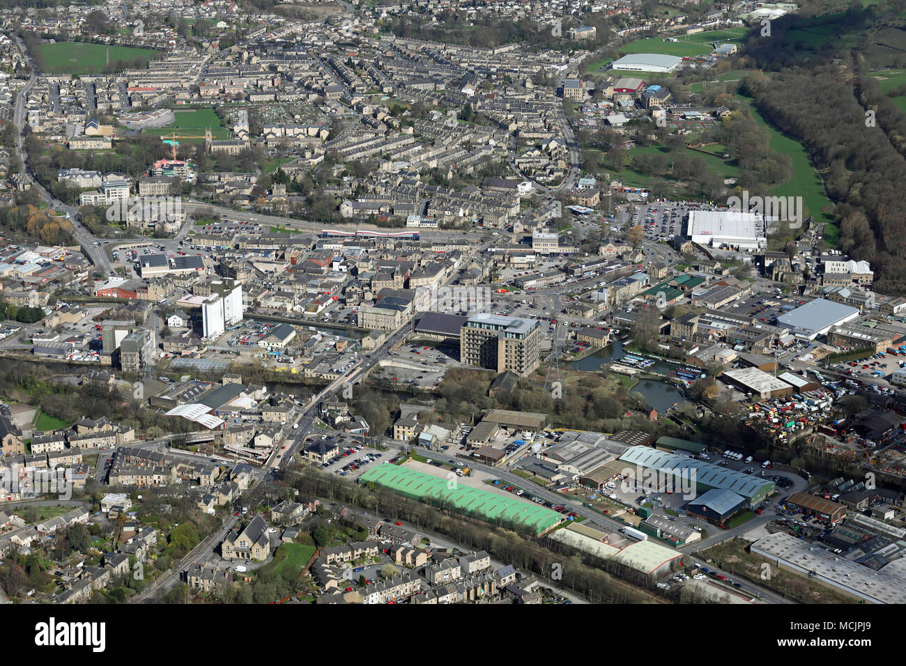 aerial view of Brighouse town centre, West Yorkshire Stock Photo