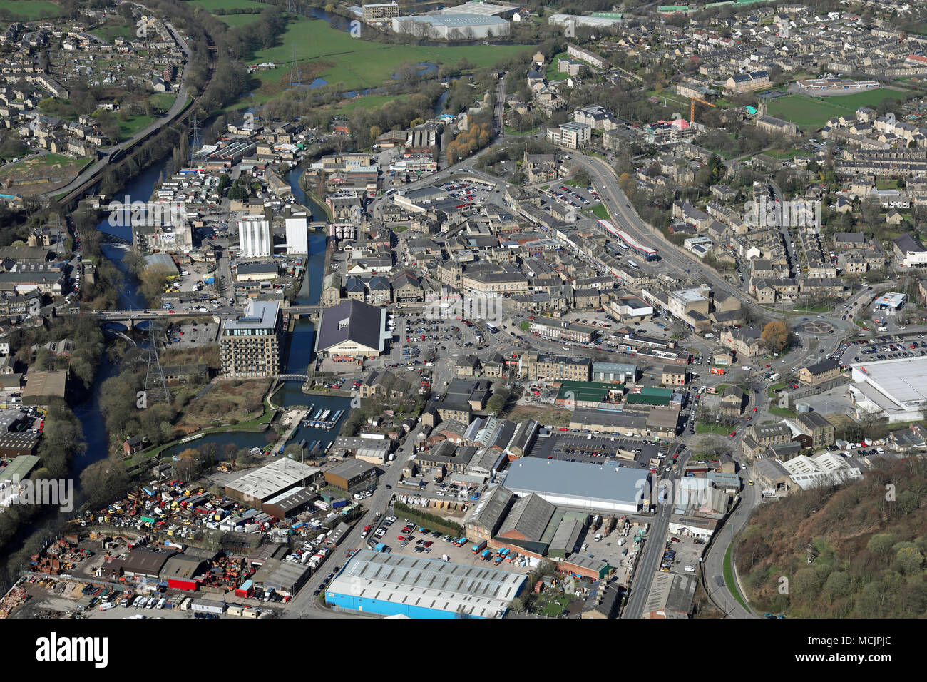 aerial view of Brighouse town centre, West Yorkshire Stock Photo
