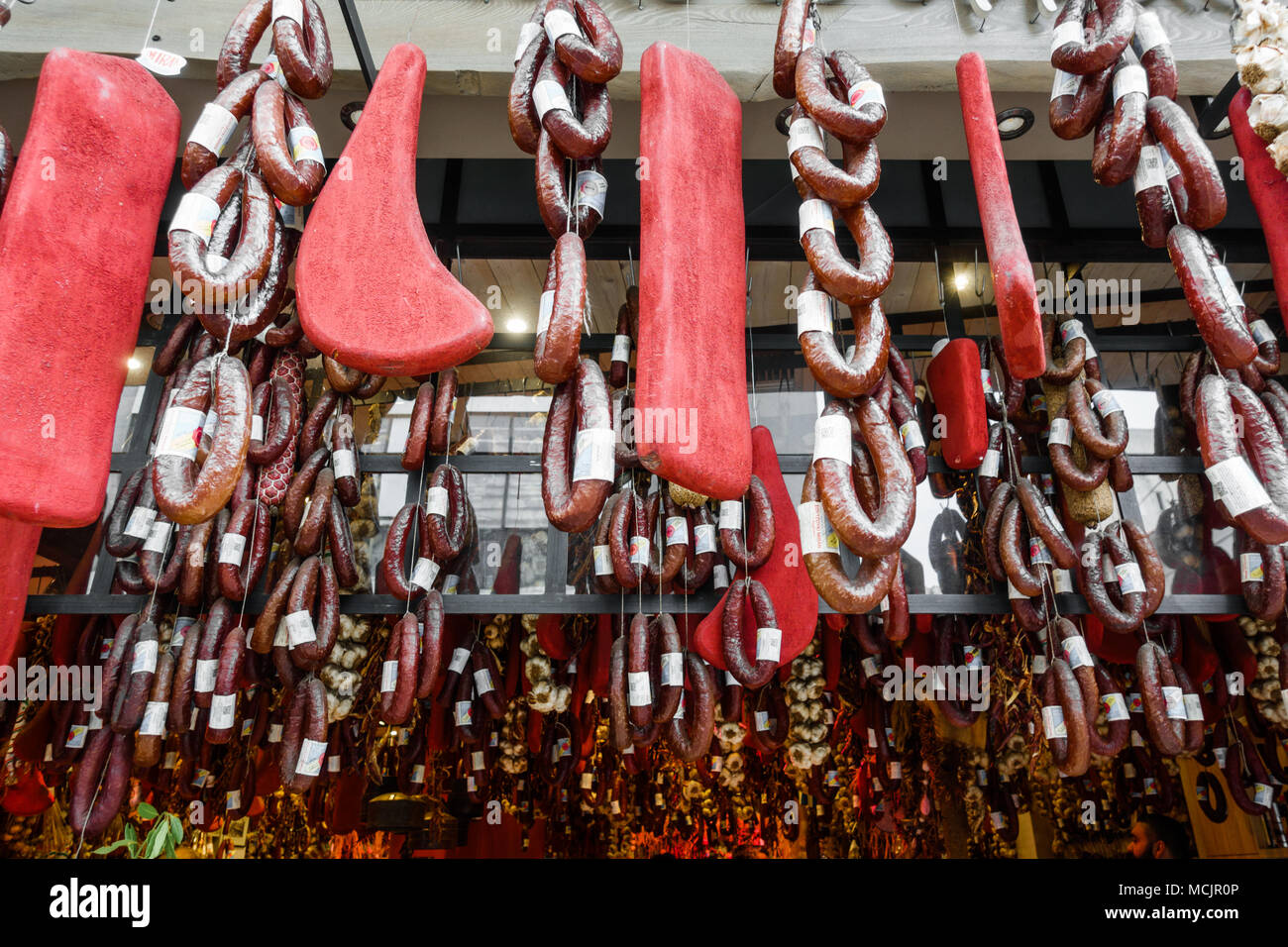 Low angle view of hanging sausages, Athens, Greece, Europe Stock Photo