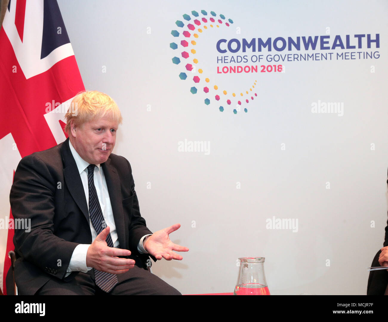 Foreign Secretary Boris Johnson during bilateral talks with South African Foreign Minister, Minister of International Relations and Co-operation, Lindiwe Sisulu, at the Intercontinental in central London, during the Commonwealth Heads of Government Meeting. Stock Photo