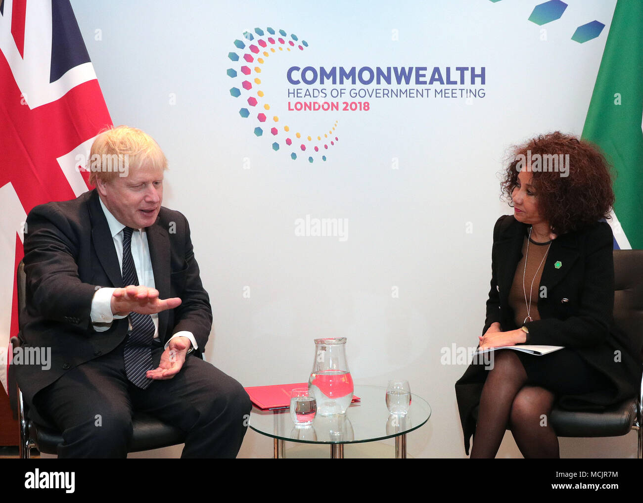 Foreign Secretary Boris Johnson meets South African Foreign Minister, Minister of International Relations and Co-operation, Lindiwe Sisulu, for bilateral talks at the Intercontinental in central London, during the Commonwealth Heads of Government Meeting. Stock Photo