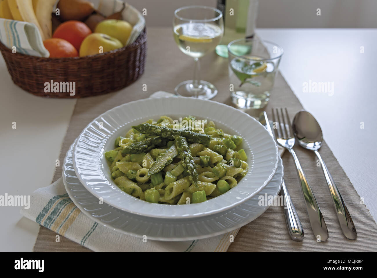 short pasta dish with asparagus and asparagus cream 2 Stock Photo