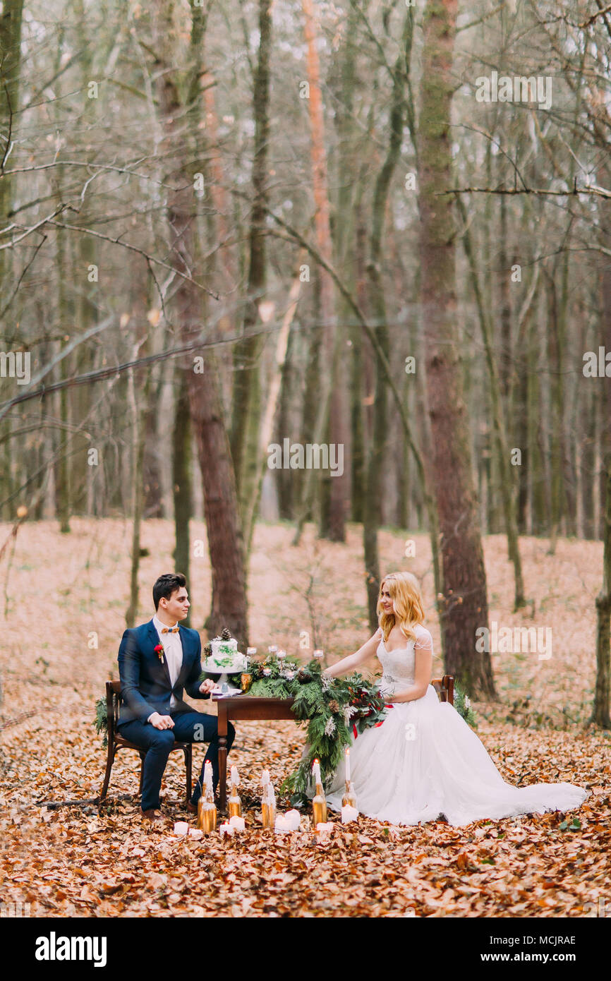 Beautiful Wedding Couple Sitting At The Vintage Table In Autumn Forest Stock Photo Alamy Beautiful Wedding Couple Sitting At The Vintage Table In Autumn Forest Stock Photo Alamy