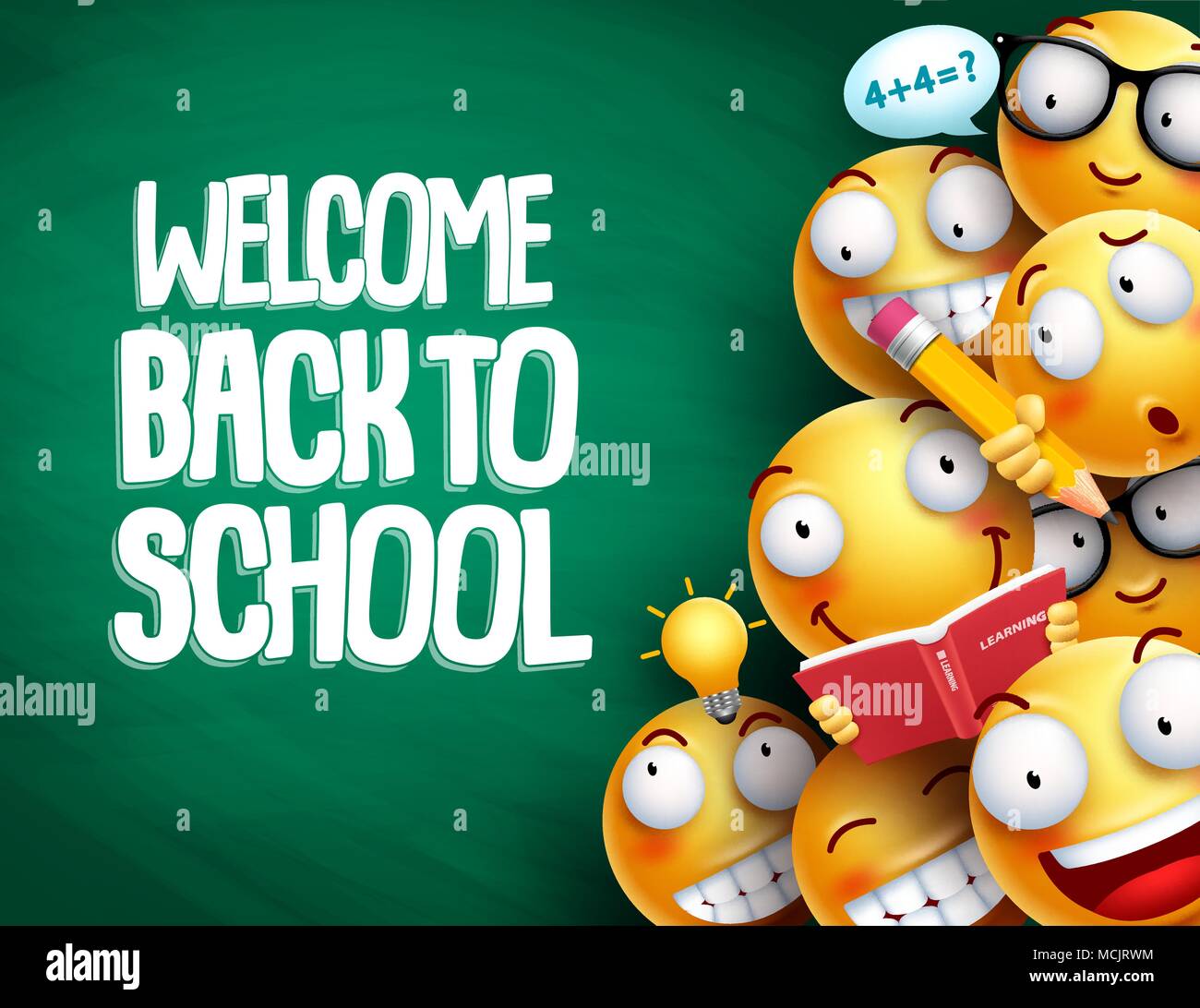 Welcome back to school text and smileys with facial expressions or emoticons students in chalkboard background for education. Vector illustration. Stock Vector