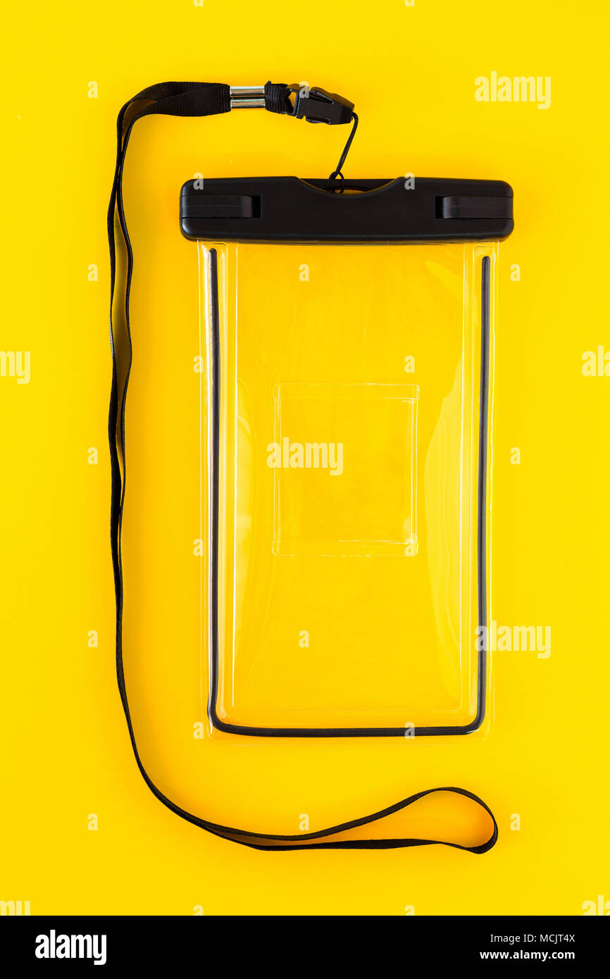 Waterproof Case for Smartphone on Yellow Background Stock Photo