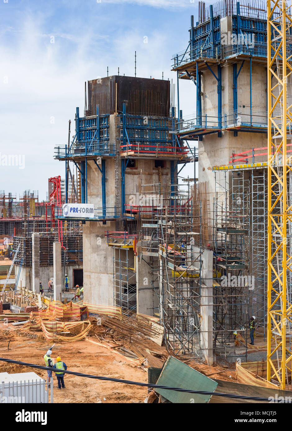 Durban, South Africa, April 9 - 2018: Construction site with cement formwork and scaffolding. The site is part of a large scale apartments development Stock Photo