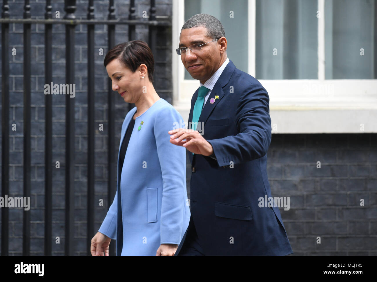 The Prime Minister of Jamaica Andrew Holness arriving in Downing Street ahead of talks with Prime Minister Theresa May, Commonwealth leaders, Foreign Ministers and High Commissioners in relation to the Windrush generation immigration controversy. Stock Photo