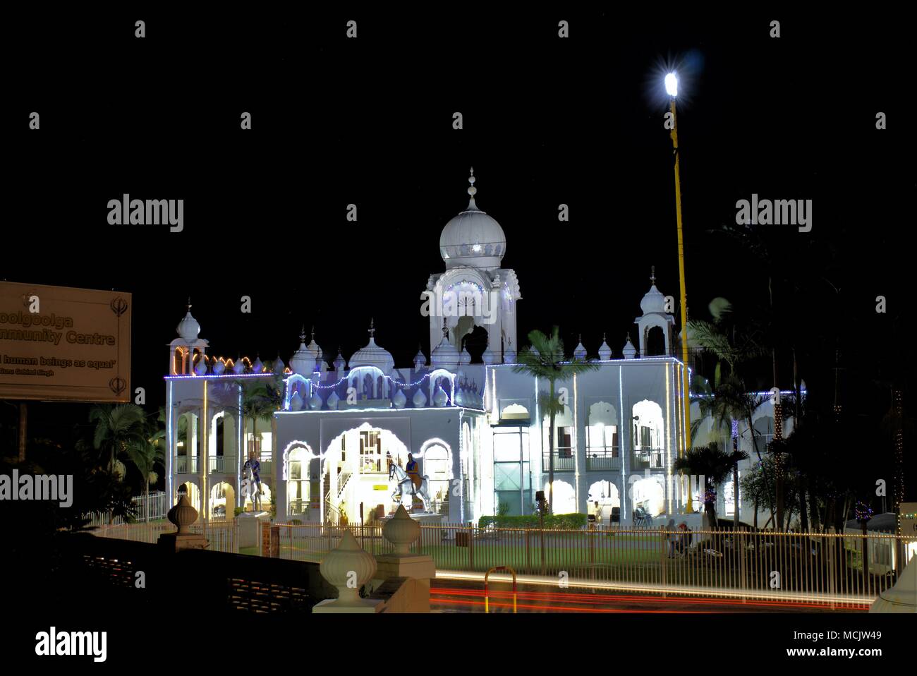 Illuminated Sikh temple for Baisakhi celebrations. Night image of Sikh temple at Woolgoolga in Australia. Stock Photo