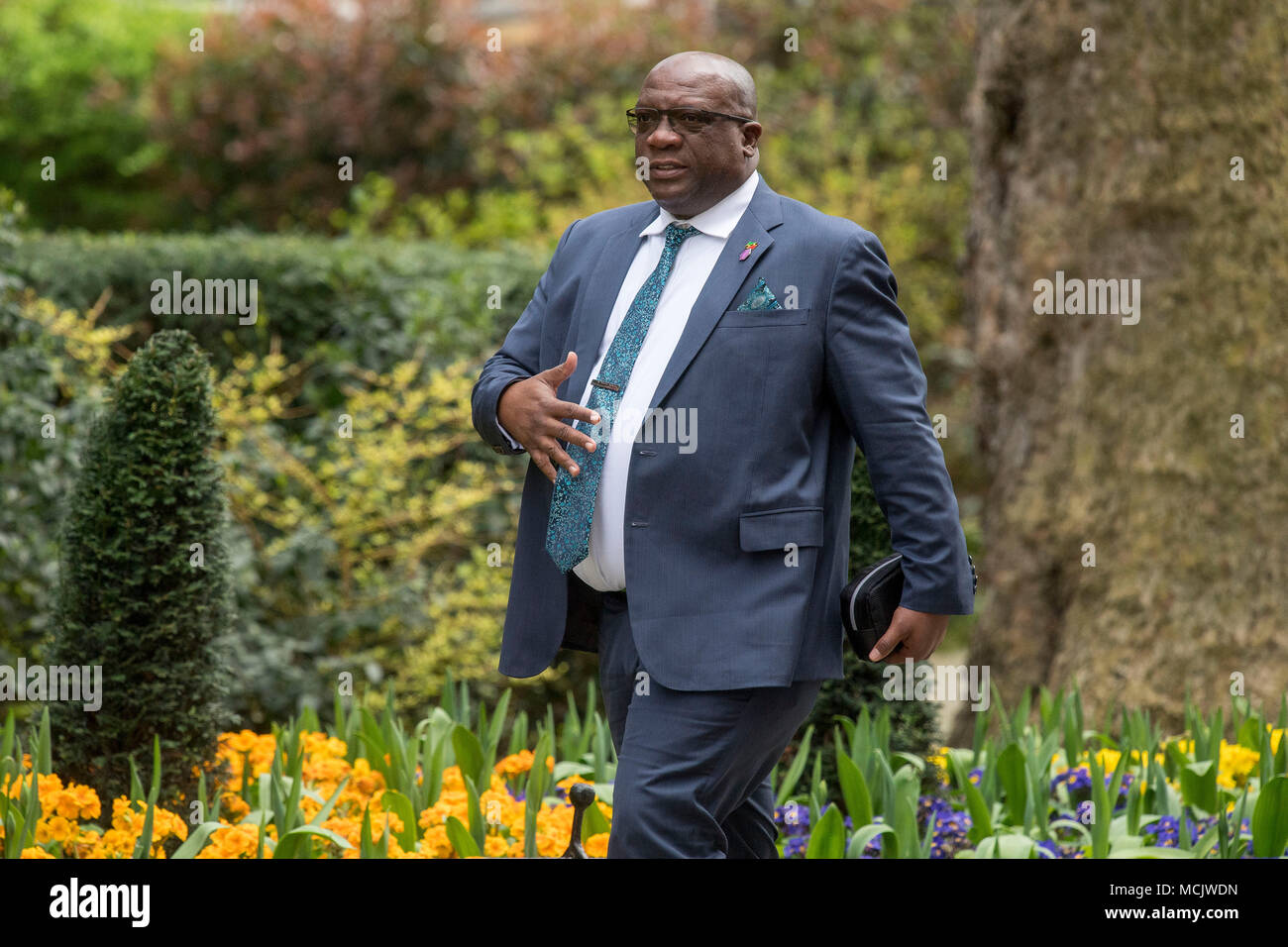 St Kitts and Nevis Prime Minister Timothy Harris arriving in Downing Street ahead of talks with Prime Minister Theresa May, Commonwealth leaders, Foreign Ministers and High Commissioners in relation to the Windrush generation immigration controversy. Stock Photo
