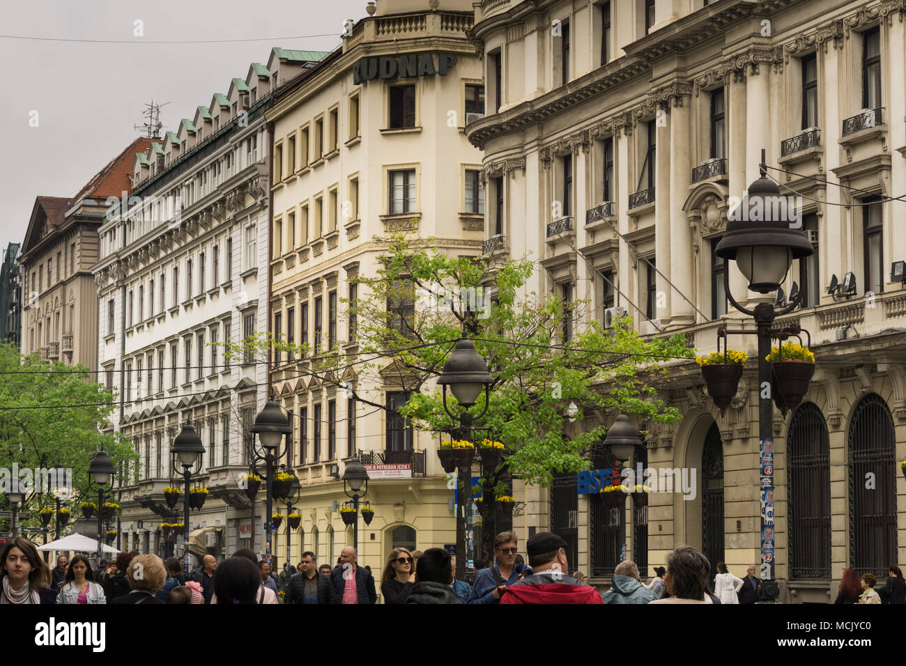 Buildings on Knez Mihailova pedestrian street in Belgrade (Serbia). Stock Photo