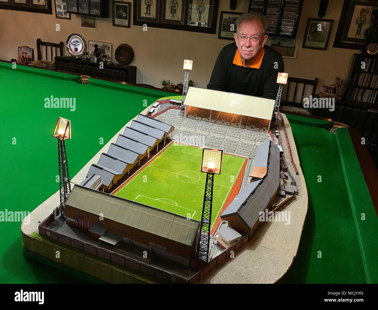 Retired accountant Chris Jepson has spent more than 500 hours making a scale model of the Molineux Stadium from materials such as matchsticks. The life-long Wolverhampton Wanderers fan, began his creation in October 2016 and managed to finish it in time for their promotion to the Premier League. Stock Photo