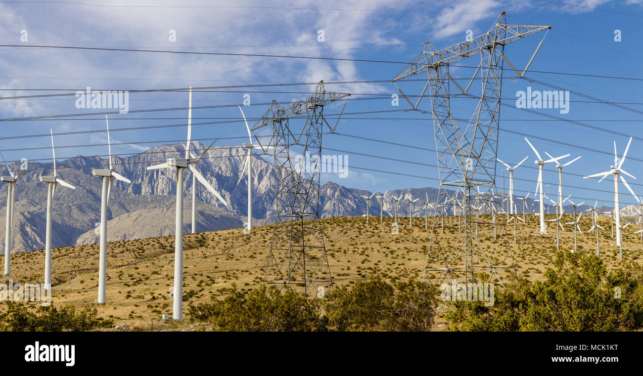 Modern wind turbine farm near Palm Springs, California dedicated to wind energy. Stock Photo