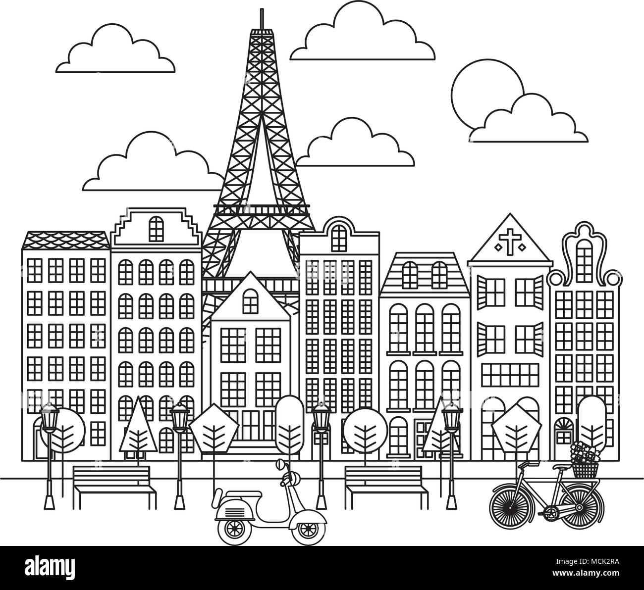 paris city with eiffel tower and scooter scene Stock Vector