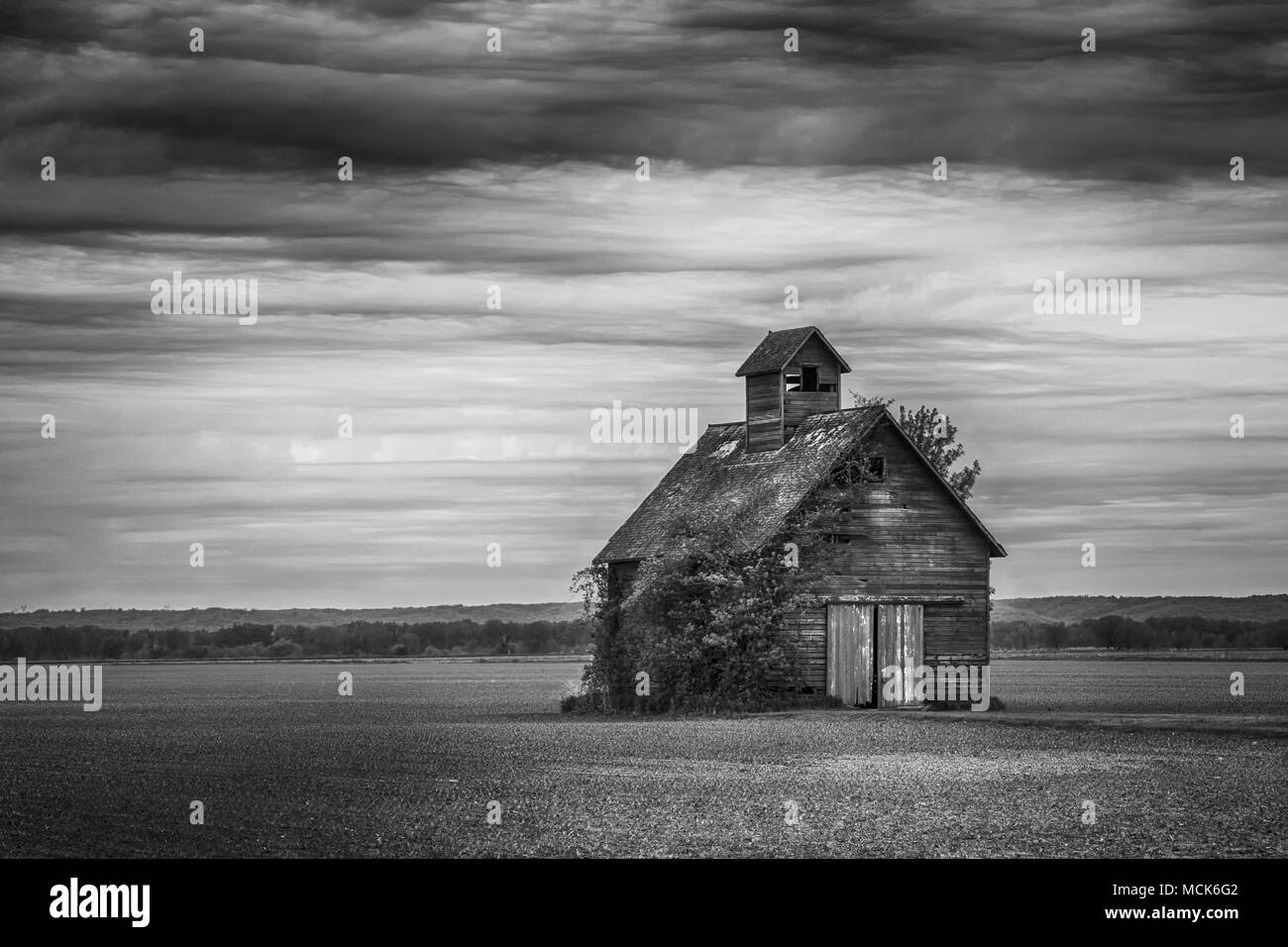 Old grain bin stands to test of time on the fertile Iowa Missouri River bottoms.  Some of the most produtive food producing land in the world. Stock Photo